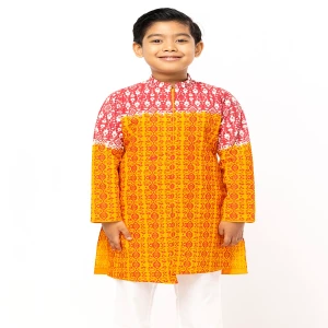 Orange Tie-Dyed and Printed Cotton Panjabi